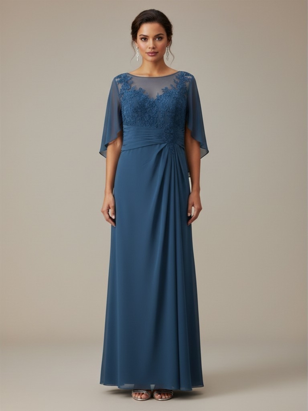 NWT Azazie Hera Steel Blue Lace Flutter Sleeve Evening Formal Dress Gown Sz A18